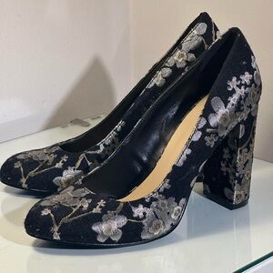 Black Floral Embroidered Heels
